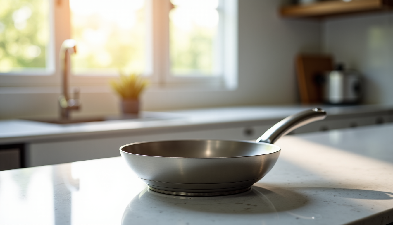 Illustration : certains modèles bas de gamme utilisent une simple — poêles en inox : fond multicouche, diamètre et 4 critères décisifs