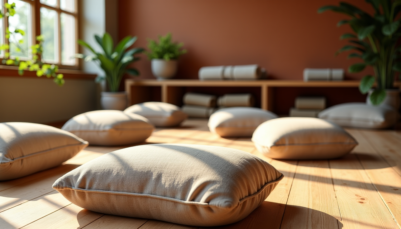Illustration : ces coussins cylindriques ou rectangulaires soutiennent le corps — supports de relaxation disponibles : du zabuton au bol chantant tibétain