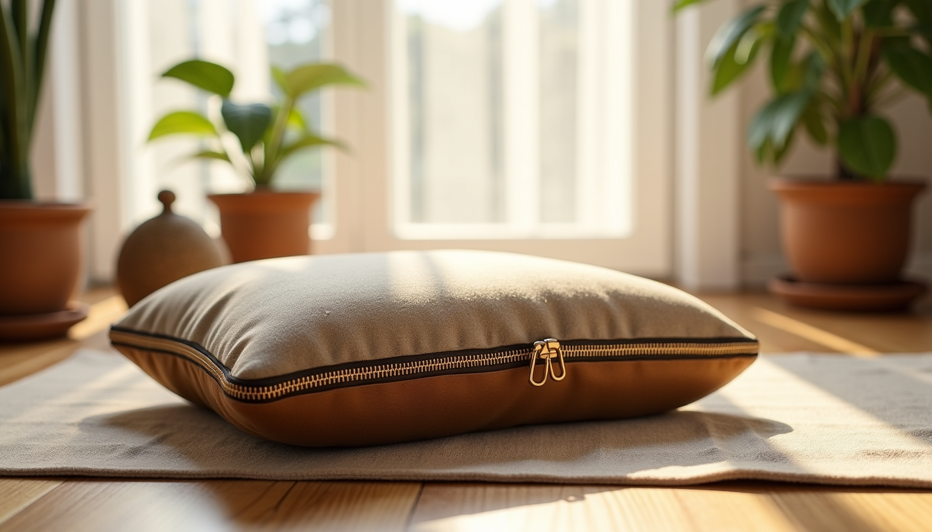 Reconnaître un coussin de méditation durable : garnissage et densité Illustration : la fermeture du coussin mérite une attention particulière. — reconnaître un coussin de méditation durable : garnissage et densité