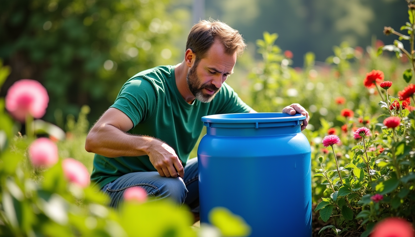 Illustration : éborder librement au pied de la cuve : — installer un récupérateur d’eau de pluie au jardin