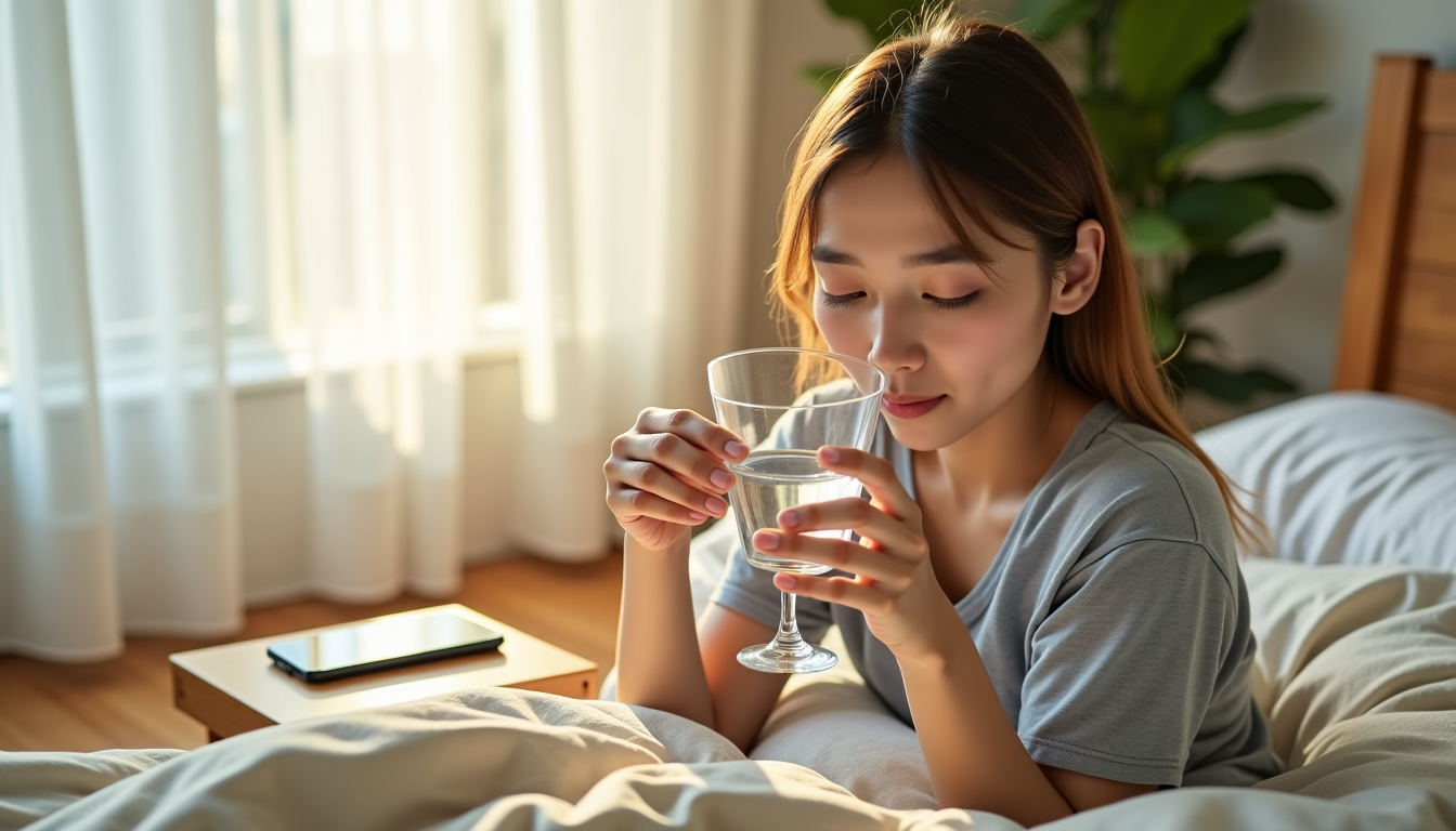 Illustration : boire un grand verre d'eau dès le lever — téléphone au réveil : comment éviter de perdre une heure (lfst)