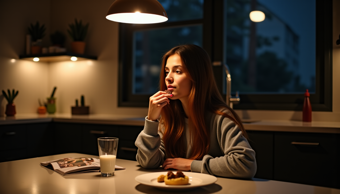 Illustration : les grignotages entre le dîner et le coucher — manger tard le soir fait-il réellement prendre du poids ?