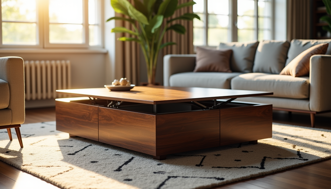 Illustration : un compartiment de rangement simple sous le plateau — budget table basse relevable : de 150€ pour un modèle simple à 800€ avec coffre