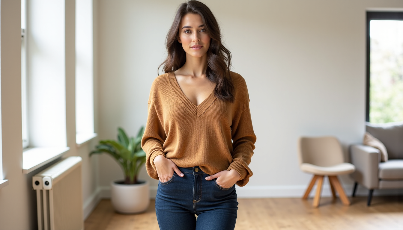 Illustration : la solution réside dans le choix d'un bootcut — jean bootcut et col en v : morphologies qui en profitent ou non
